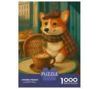 Rompecabezas De 1000 Piezas Corgi at Parisian Cafe with Coffee Rompecabezas para Adultos Juegos Familiares Ensamblaje De Patrones Cumpleaños Y Navidad 52x38cm/1000pcs
