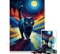 Rompecabezas de 1000 Piezas Cuadro de Gato Negro bajo la luz de la Luna,Corte Impecable,Divertido,Juguete para estimular la Mente,Juego para el Tiempo Libre,Regalo artístico de Navidad 38x52cm