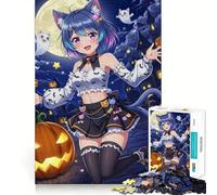 Rompecabezas de 1000 Piezas de Anime Cat Girl Halloween Night Entrenamiento Cerebral,Divertido,Encaje, Huecos,Actividad para Compartir con Seres Queridos (38x26cm)