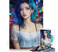 Rompecabezas de 1000 Piezas de Anime Cyberpunk Girl in Neon City Rain para Adolescentes Juego Que estimula el Cerebro Encaje Huecos Actividad Relajante para Grupos en Interiores (38x26cm)