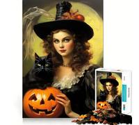 Rompecabezas de 1000 Piezas de Bruja Vintage de Halloween con Gato Negro para Adultos Juego de Habilidad Mental Corte láser para un Ajuste Actividad gratificante para días lluviosos (38x52cm)