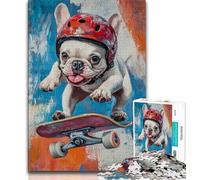 Rompecabezas de 1000 Piezas de Bulldog Skateboarding para Adultos, Juguetes educativos, Juegos Familiares con póster a Juego y Hoja de Trivia de 50x75cm