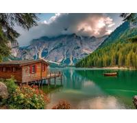 Rompecabezas de 1000 piezas de cabaña de lago alpino, rompecabezas escénico de montaña y agua esmeralda con póster, rompecabezas de arte natural de 20 x 28 pulgadas para familias adultas, regalo único
