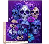 Rompecabezas de 1000 piezas de calaveras de azúcar y flores moradas y azules, ilustración vectorial de fantasía, estilo detallado de dibujos animados, 27 x 20 pulgadas, desafiantes juegos de