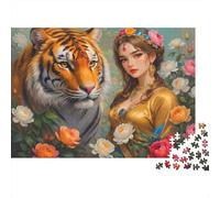 Rompecabezas de 1000 Piezas de cartón 100% Reciclado de Tigre y Mujer. Mujer y Tigre Entre Flores. Ideal para Adultos y niños. Hermosa decoración. 38x26cm/1000 Piezas.