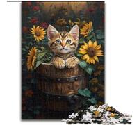 Rompecabezas de 1000 Piezas de cartón Gato Entre Girasoles, 26x38cm, Ideal para Adolescentes, para fomentar la unión Familiar, como Rompecabezas y como Regalo de decoración del hogar