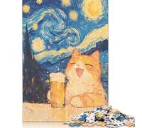 Rompecabezas de 1000 Piezas de Cerveza y Gato Naranja con Noche Estrellada para Adolescentes. Regalos de Madera para Adultos. Rompecabezas para Adultos y Adolescentes. 1000 Piezas (75 x 50 cm).