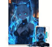 Rompecabezas de 1000 Piezas de Chica Anime con Orejas de Gato y Llamas para Adolescentes Juego Divertido con Encaje, Huecos Actividad Nocturna para Toda la Familia (50x75cm)