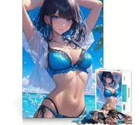 Rompecabezas de 1000 piezas de chica anime en bikini azul para adolescentes Entrenamiento de memoria Diversión,conexión limpia y sin interrupciones Actividad grupal relajante para interiores (38x26cm)