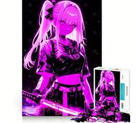 Rompecabezas de 1000 Piezas de Chica Anime neón con Katana para Adolescentes Wise Think Toy Calm Fun Clear Cut Art Collectible (38x26cm)