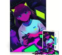 Rompecabezas de 1000 Piezas de Chica Anime neón Gamer con Gato para Adultos Juguete de lógica Fina, silencioso y Divertido Bordes limpios Regalo Memorable (38x52cm)