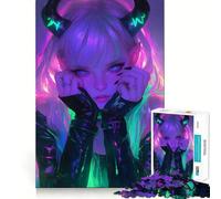 Rompecabezas de 1000 Piezas de Chica Diablo con Cuernos de Neón para Adolescentes, Juguete de Lógica, Pasatiempo Silencioso, Bordes Lisos, (38x52cm)