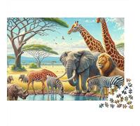 Rompecabezas de 1000 Piezas de Fauna Salvaje Africana: Escena de abrevadero con Animales Salvajes africanos. Juego Educativo para Adultos. Decoración del hogar. Difícil. cumpleaños. 70x50cm.