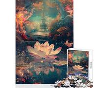 Rompecabezas de 1000 Piezas de Flor de Loto y Pagoda distante Juguetes de Bricolaje Regalos para Mujeres y Hombres Juego Educativo para Mejorar el Amor Entre Parejas tamaño 38x52cm
