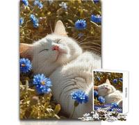 Rompecabezas de 1000 Piezas de Gato Blanco durmiendo Entre Flores Azules Aprendizaje Consciente Juego Divertido Celebraciones alegres Tamaño 38x52cm