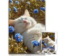 Rompecabezas de 1000 Piezas de Gato Blanco durmiendo Entre Flores Azules para Adultos Juego Interactivo de Habilidad cognitiva Idea Memorable Tamaño 50x75cm
