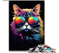 Rompecabezas de 1000 Piezas de Gato con Gafas de Sol de Madera, Navidad y Año Nuevo, Regalo navideño de 50x75cm, Juego de ingenio para Adolescentes, Regalo navideño
