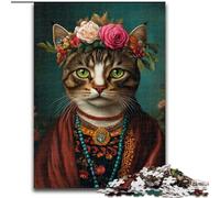 Rompecabezas de 1000 Piezas de Gato Estilo Frida Kahlo, Rompecabezas de Madera, desafiante Rompecabezas para Adolescentes, Juego Interactivo Divertido para Toda la Familia, tamaño 50x75cm