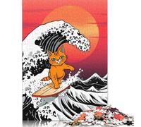 Rompecabezas de 1000 Piezas de Gato Naranja surfeando en una Ola Gigante, Rompecabezas creativos de Papel Cuadrado para Adultos, 38 x 26 cm/1000 Piezas