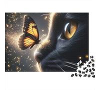 Rompecabezas de 1000 Piezas de Gato Negro con Mariposa. Ojo de Gato Negro con Mariposa para Adultos. Juego Educativo. Hermosa decoración. Difícil. Reto de cumpleaños. 52x38cm.