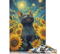 Rompecabezas de 1000 Piezas de Gato Negro Feliz en un Campo de Girasoles para Adultos, Rompecabezas para Adultos y Adolescentes de 12 años en adelante, 1000 Piezas (75 x 50 cm) <