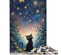 Rompecabezas de 1000 Piezas de Gato Negro observando Estrellas con pájaro Azul para Adultos y Adolescentes. Rompecabezas de Papel sostenible para Adultos | Juegos de 38 x 26 cm (1000 Piezas)