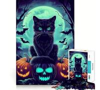 Rompecabezas de 1000 Piezas de Gato Negro para Halloween,Ajuste, Arte,desafío Mental,Juguete,Juego de Ocio,Regalo Divertido de cumpleaños (50x75cm)