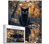 Rompecabezas de 1000 piezas de gato negro sentado junto al lago para adultos, rompecabezas artístico de fondo de bosque otoñal, desafiantes juegos de actividades familiares, rompecabezas colorido para