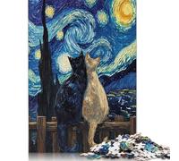 Rompecabezas de 1000 Piezas de Gatos bajo una Noche Estrellada, Rompecabezas de Madera para Adultos, Juego Educativo, Juguete de desafío, 1000 Piezas (75 x 50 cm)