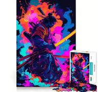 Rompecabezas de 1000 Piezas de Guerrero samurái neón con Katana para Adolescentes Juguete para ejercitar la Mente Tiempo en Familia Arte y Montaje Regalo Creativo (38x52cm)