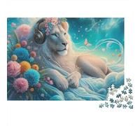 Rompecabezas de 1000 Piezas de león Blanco con Auriculares en Las Nubes. para Adultos de 12 años en adelante. Juego Educativo. Decoración del hogar. Difícil y desafiante. 70x50cm