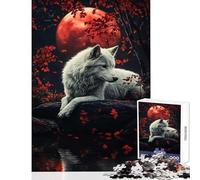 Rompecabezas de 1000 Piezas de Lobo Blanco bajo la Luna de Sangre Juguete para decoración de Pared Gran Regalo y Juego Familiar con póster a Juego y Hoja de Trivia tamaño 50x75cm
