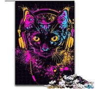 Rompecabezas de 1000 Piezas de Madera con diseño de Gato con Auriculares y Gafas de Sol Padres,Parejas y Amigos Edad Recomendada: 14+ 50x75cm Una Divertida Actividad