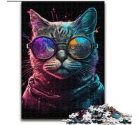 Rompecabezas de 1000 Piezas de Madera con diseño de Gato y Gafas de Colores Decoración hogar o la Oficina Regalo ideal50x75cm Decoración artística DIY Regalo de cumpleaños
