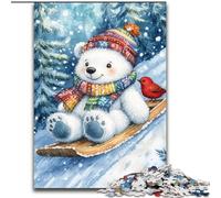 Rompecabezas de 1000 Piezas de Madera con diseño de Oso Blanco esquiando cumpleaños, festividades y decoración del hogar Tamaño 50x75cm