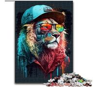 Rompecabezas de 1000 Piezas de Madera con un león Colorido y Gafas Idea decoración del hogar 50x75cm para Adolescentes y familias Decoración desafío para el Cerebro