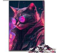 Rompecabezas de 1000 Piezas de Madera de Gato ciberpunk, Ideal para Principiantes, Ideal para cumpleaños y Regalos Festivos, 50x75cm, para Adultos y familias, Ideal para Decorar el hogar