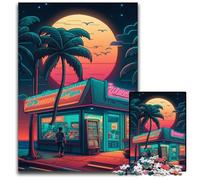 Rompecabezas de 1000 Piezas de Madera Estilo neón Retro de Playa. Un desafío para la Mente, Actividad Familiar, decoración del hogar, Regalo navideño. 50x75cm/19,68x29,52 Pulgadas.