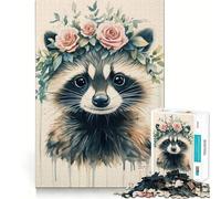 Rompecabezas de 1000 Piezas de Mapache con Corona de Flores para Adolescentes Mejora la Memoria Diseño Tranquilo y Relajante Regalo conmovedor (38x26cm)
