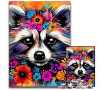 Rompecabezas de 1000 Piezas de Mapache con Flores para Adultos, Ideal para Decorar el hogar, Juego de ingenio, 26x38cm/10,23x14,96 Pulgadas.