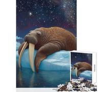 Rompecabezas de 1000 Piezas de morsa sobre Hielo bajo Cielo Estrellado Ideal para Decorar el hogar Regalo de cumpleaños Juego práctico Ideal para decoración de Escritorio tamaño 38x52cm