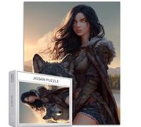 Rompecabezas de 1000 piezas de mujer de pelo negro y lobo para adultos, rompecabezas artístico de atardecer y lago, desafiantes juegos de actividades familiares, rompecabezas colorido para