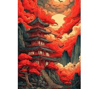 Rompecabezas de 1000 piezas de pagoda japonesa, rompecabezas artístico de nube de arce rojo con póster, rompecabezas de paisaje oriental de 20 x 28 pulgadas para familias adultas, regalo único para