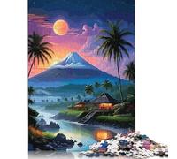 Rompecabezas de 1000 Piezas de Paisaje de Isla Tropical con montaña y Luna. Rompecabezas de Madera para Adolescentes. Regalos para Adultos. 1000 Piezas (75 x 50 cm).