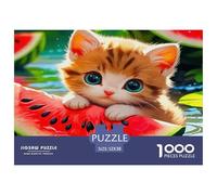 Rompecabezas de 1000 Piezas de Papel Reciclado con un Lindo Gato para Adultos y niños. Gatito con una rodaja de sandía. Diversión de Verano. Gran Idea de Regalo para el hogar. 52x38cm (1000 Piezas).