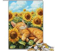 Rompecabezas de 1000 Piezas de Regalo: Gato durmiendo en un Campo de Girasoles Rompecabezas de Madera para Adultos, 50x75cm Actividad para el hogar, Fiestas, cumpleaños y Noches de Juegos en Familia