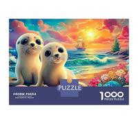 Rompecabezas de 1000 Piezas de Seal Pup Beach, Dos focas al Atardecer, para Adultos Mayores de 12 años, Juegos educativos, decoración del hogar, de cumpleaños difíciles y desafiantes, 38 x 26 cm