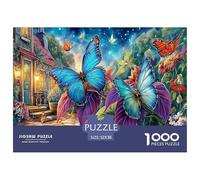Rompecabezas de 1000 Piezas de Spring Garden, difícil, desafiante y difícil. Mariposas Azules, Papel Reciclado para decoración de Pared del hogar. 52 x 38 cm (1000 Piezas).