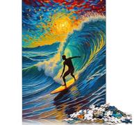 Rompecabezas de 1000 Piezas de Surfista en una Ola al Atardecer con Estrellas en la Noche para Rompecabezas de Papel, Juego Educativo para Adultos, 38 x 26 cm/1000 Piezas