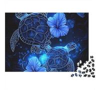 Rompecabezas de 1000 Piezas de Tortugas Marinas Azules con Flores y Tortugas Azules Brillantes. Juegos educativos para Adultos. Hermoso desafío Decorativo. 38 x 26 cm.